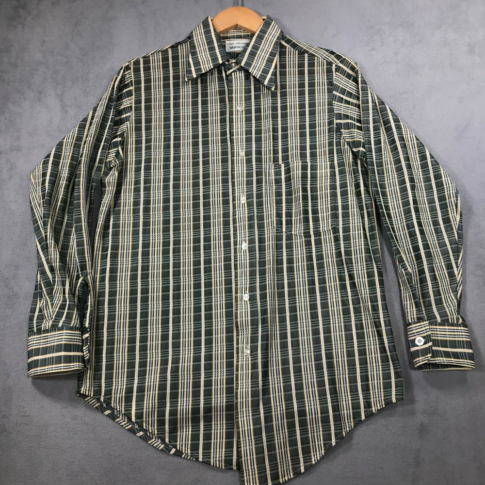 Van Heusen Vanknit Shirt Mens 15 Green Plaid Long Sleeve Button Up True Vintage